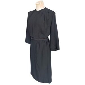 Vintage 50s/60s Gusseted Shoulder Mod Belted Midi Dress -Black  Large